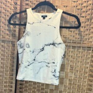 Express | White & Black Marble | Ribbed Racerback Cropped Tank Top